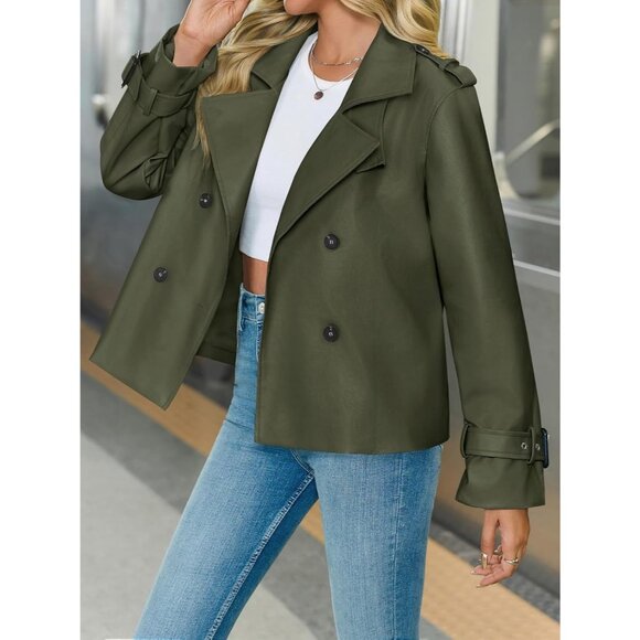 Womens Army Green Faux Leather Jacket | Button Down Moto Coat | Trendy Fall - Picture 3 of 6